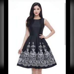 Leslie Fay Black Mini Dress White Floral Detail